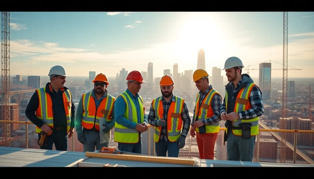Construction association Denver workers collaborating on a skyscraper project in a vibrant city setting.