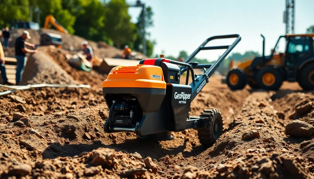 GeoRipper rental setup showcasing mini trencher in action at a rugged construction site.
