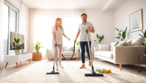 Experience a top-rated cleaning service with a professional cleaner in a bright living room.