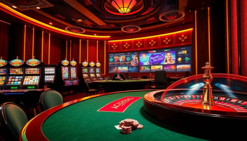 Vua99 players engaging in an exciting online gambling experience with vibrant slot machines.