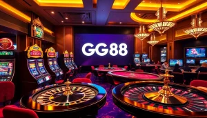 Experience the excitement of GG88 at a luxurious casino scene filled with vibrant slot machines and poker tables.