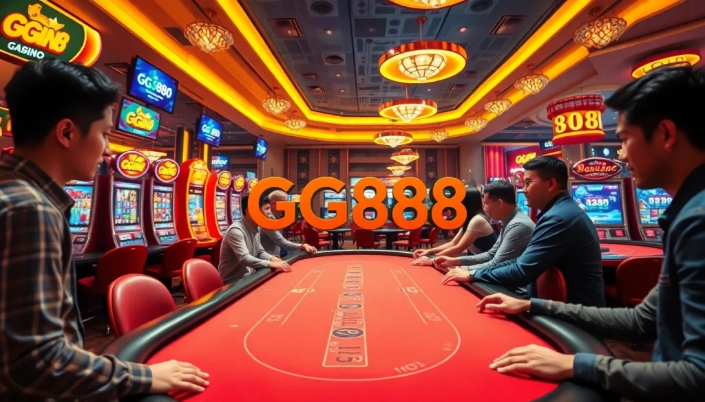 Exciting GG888 online casino scene with vibrant colors and engaging players at various games.
