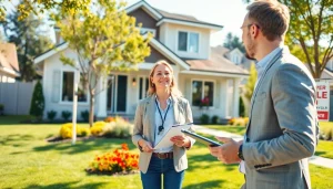 Showcasing real estate with a professional agent in front of a modern home