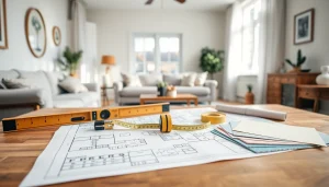 Examine plans for home renovation with tools and design elements in a professional setting.