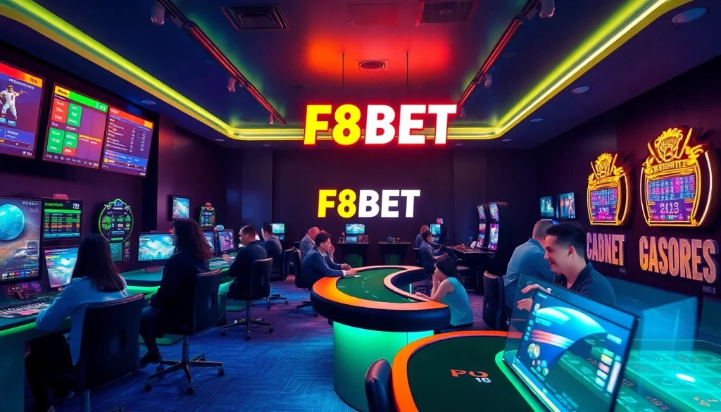Dynamic online gaming scene featuring F8BET, with players engaged in sports betting and casino games amidst a vibrant atmosphere.