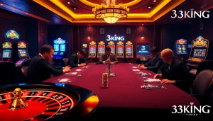 Experience thrilling gaming at 3KING with players engaged at tables surrounded by slot machines.