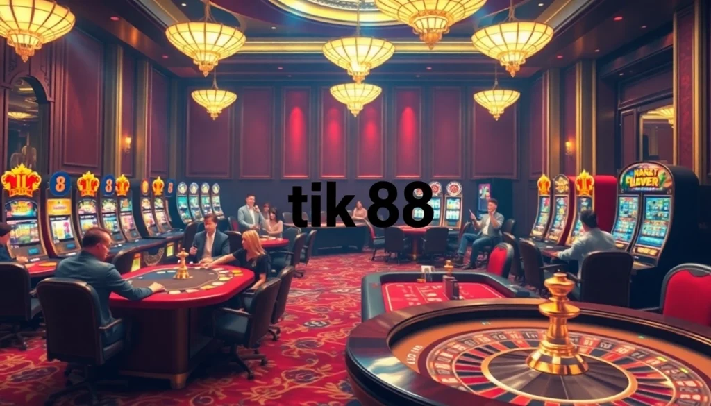 Người chơi chiến thắng tại các máy xèng Tik 88 sang trọng và bàn poker trong bầu không khí casino sôi động.