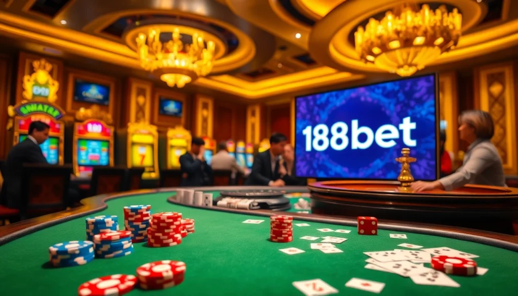 Experience an exciting game at nhà cái 188bet's casino, featuring vibrant poker chips and a roulette wheel.