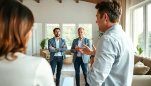 Real Estate agent showcasing a property to engaged clients in a modern living room.