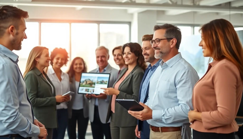 Engaging real estate agents assisting clients in a modern office environment.