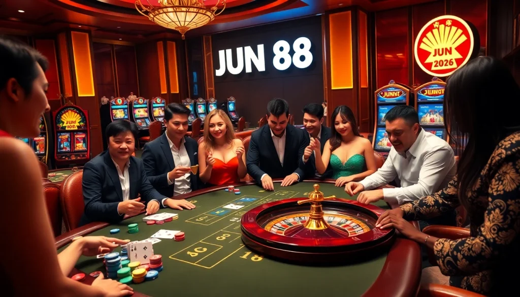 Experience thrilling gameplay at JUN 88 with vibrant poker chips and a classic roulette wheel.
