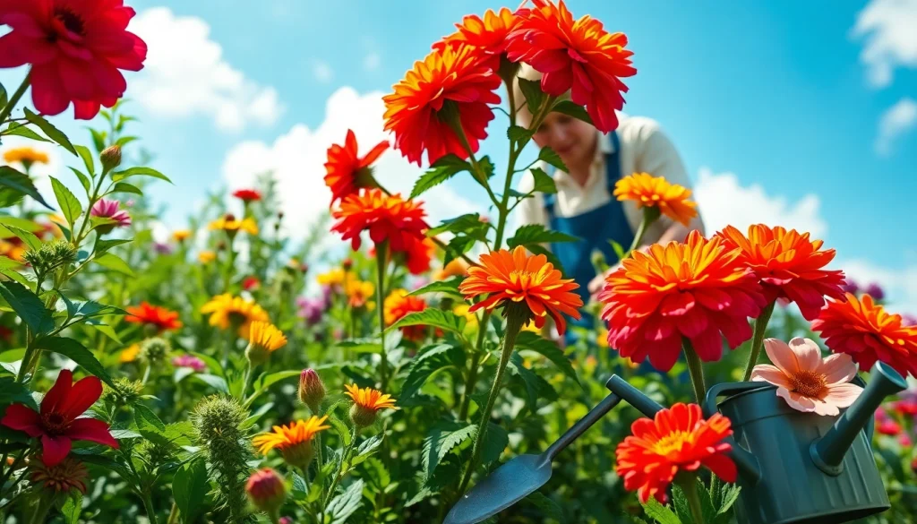 Gardening enthusiast nurturing blooming plants in a vibrant garden setting.