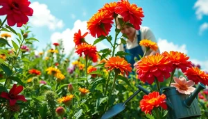 Gardening enthusiast nurturing blooming plants in a vibrant garden setting.