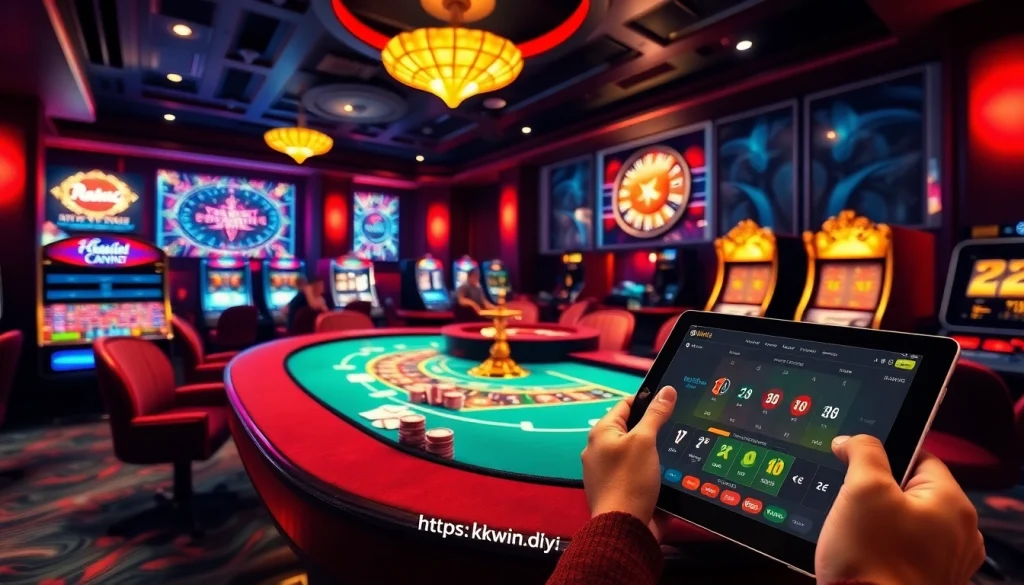Players enjoying the excitement at https://kkwin.diy/ casino with poker chips and a roulette wheel.