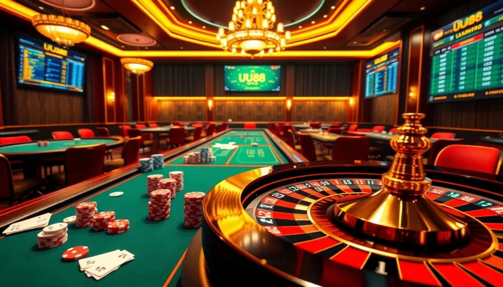 Experience thrilling gameplay at uu88 while placing bets on vibrant casino tables with poker chips and cards.