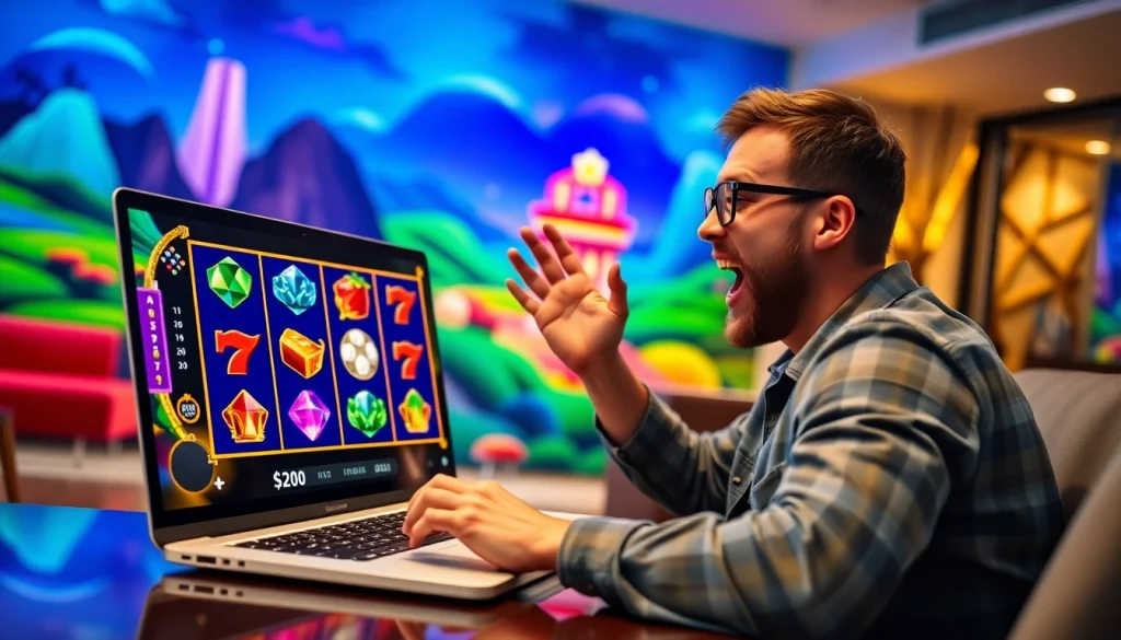 Menampilkan pemain yang antusias bermain walettoto pada laptop di lingkungan gaming yang ceria.