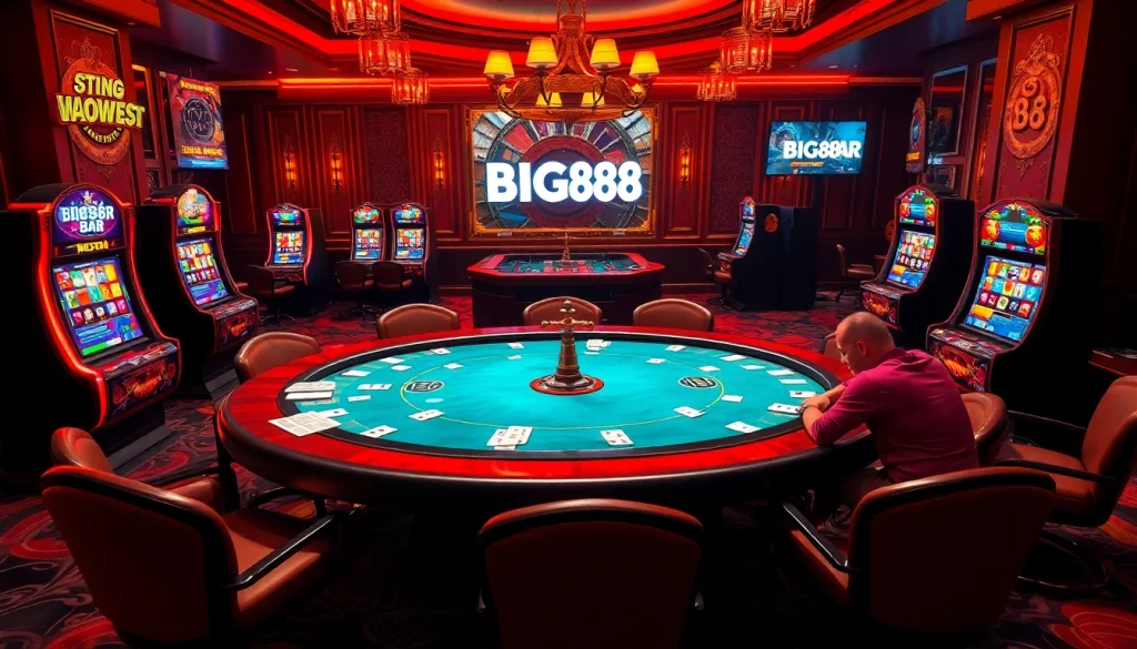 Experience high-stakes action at BIG88.BAR with dynamic gameplay at a poker table and roulette wheel.