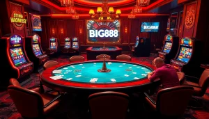 Experience high-stakes action at BIG88.BAR with dynamic gameplay at a poker table and roulette wheel.