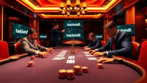Players enjoying a heated poker game at a luxury casino table, highlighting taixiumd5 excitement through vibrant colors.