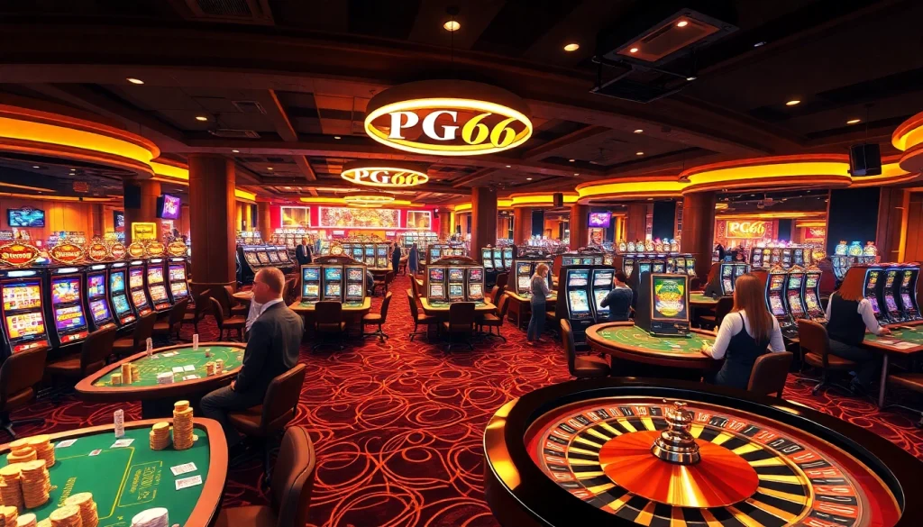 Engaging gamblers at PG66 casino with vibrant tables, slots, and professional dealers.