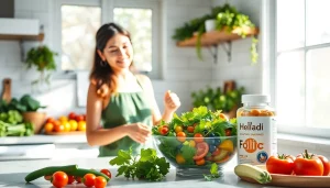 葉酸サプリと新鮮な食材を用いた、栄養バランスの良い食事を連想させる健康的なキッチンの風景。