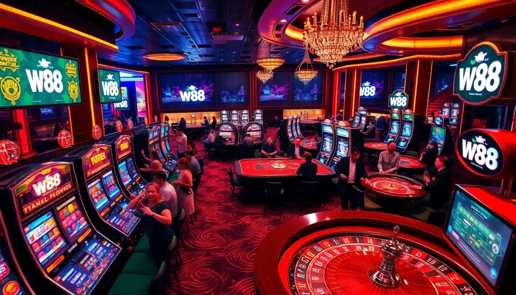 Players enjoy the excitement of gambling at W88 casino, featuring vibrant slot machines and roulette tables.