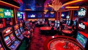 Players enjoy the excitement of gambling at W88 casino, featuring vibrant slot machines and roulette tables.