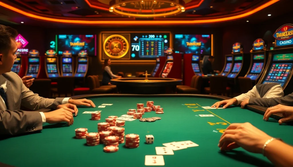 Players enjoying a thrilling game at fun88 ทางเข้า, showcasing poker chips and a vibrant casino atmosphere.