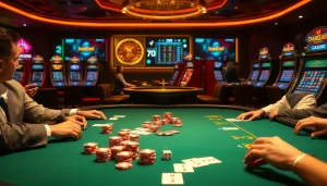 Players enjoying a thrilling game at fun88 ทางเข้า, showcasing poker chips and a vibrant casino atmosphere.