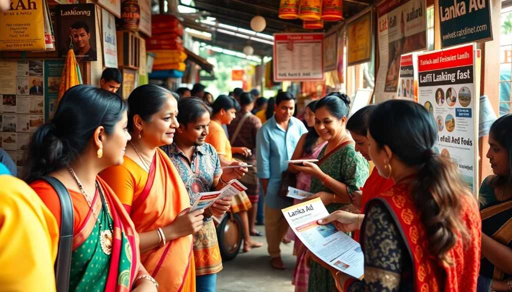 Lanka Ad flyers displayed in a vibrant Sri Lankan marketplace, showcasing community connections.