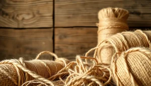 Maak jutevezels zichtbaar in een rustieke achtergrond met natuurlijke textuur en kleuren.