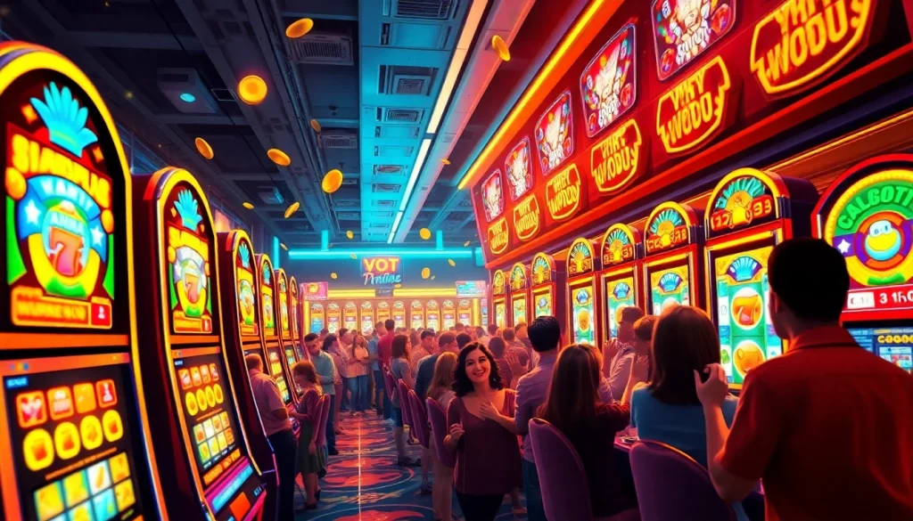 Dynamic online gaming scene showcasing hoki138 pro slot machines, vibrant players celebrating wins with cascading coins.