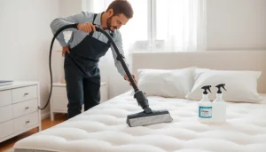 Experience mattress cleaning Dubai with a professional technician sanitizing a mattress in a bright bedroom.