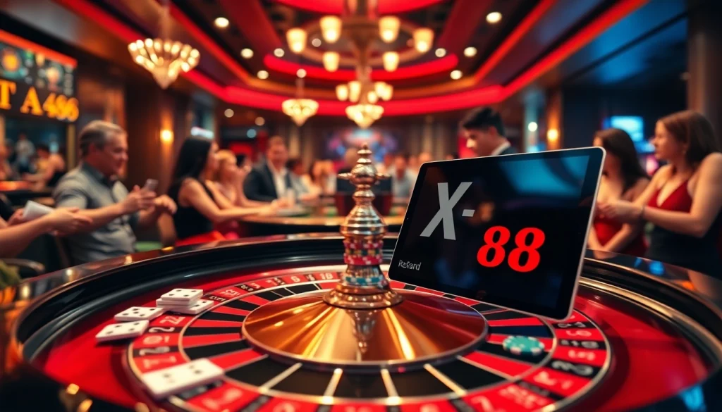 Xx 88 enthusiasts place bets at an elegant roulette table in a luxurious casino environment.