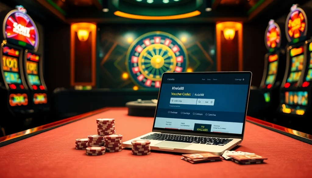 Khela88 voucher code showcased on a stylish gambling table with poker chips and roulette wheel.