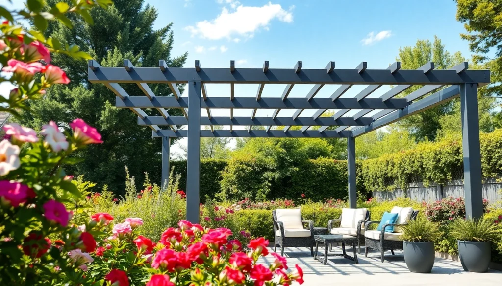 Enhance your outdoor space with a striking modern steel pergola surrounded by a vibrant garden.