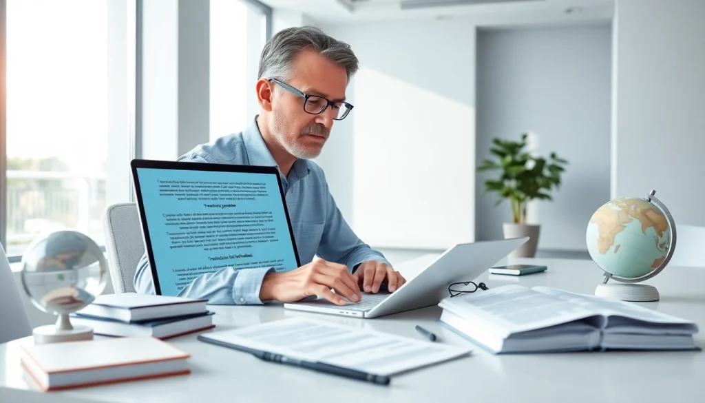 Professional translator engaged in traducción jurada at a modern office desk surrounded by documents.