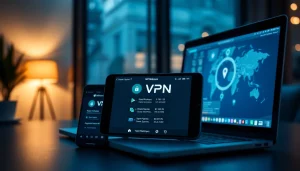 快连下载 interface displayed on a smartphone and laptop in a modern workspace, symbolizing seamless global connectivity.