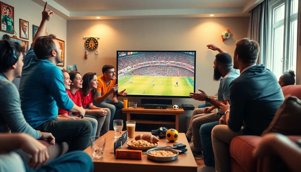 Watch Diema Sport online free with excited fans enjoying a live football match in a cozy setting.