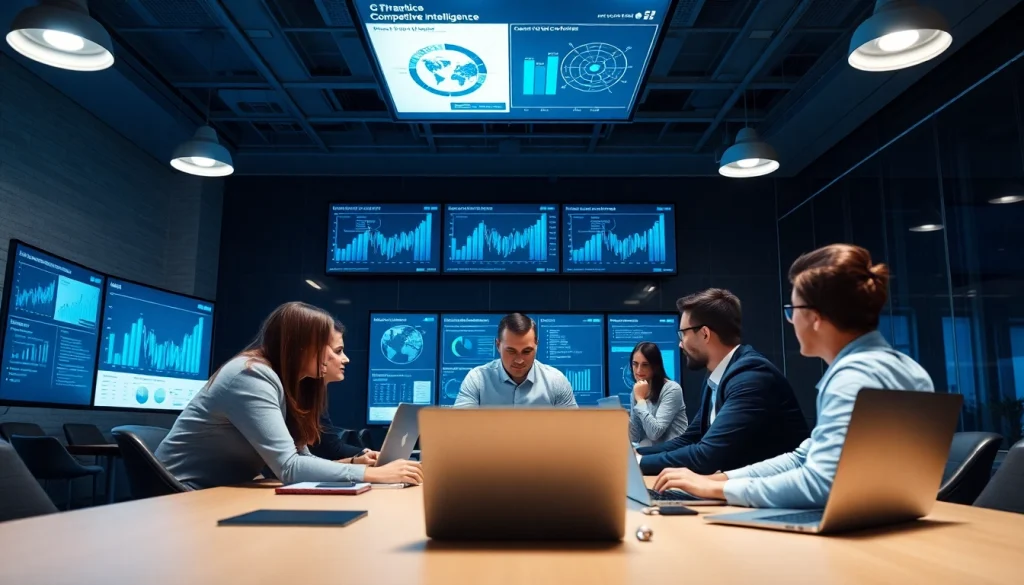 Team collaborating on competitive intelligence strategies in a modern corporate environment.