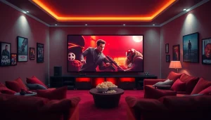 Home theater setup showcasing a popular filme on a large screen with cozy ambiance.