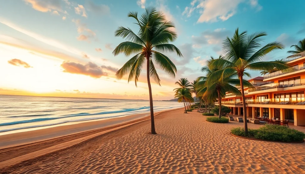 Luxury travel destinations featuring a stunning sunset beach resort with serene atmosphere.