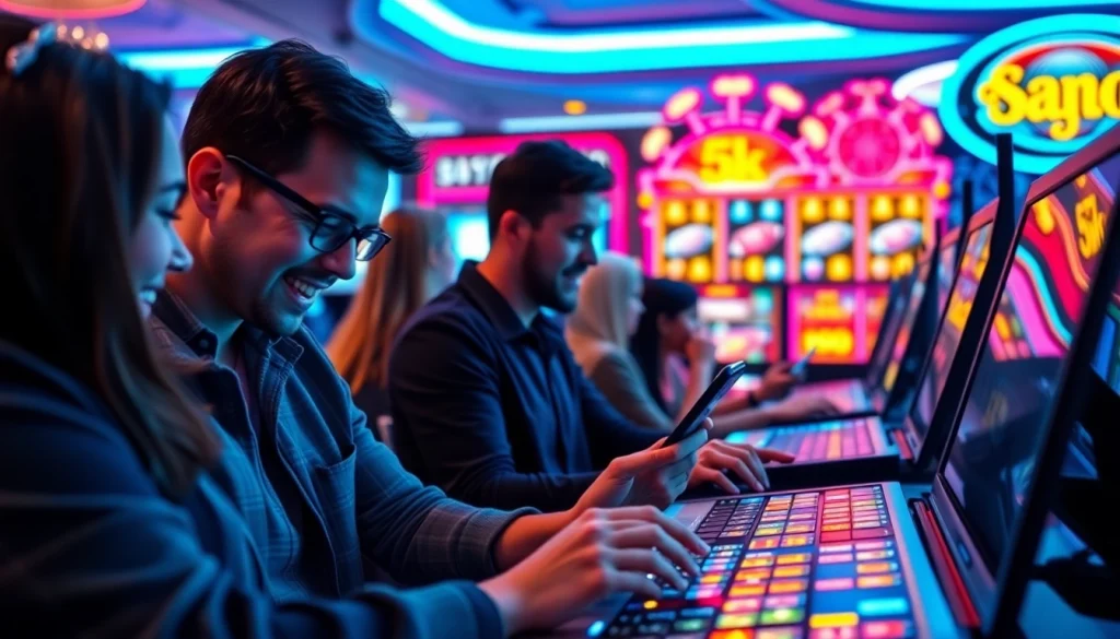 Main attraction slot depo 5k dengan pemain ceria di kasino digital yang berwarna-warni.