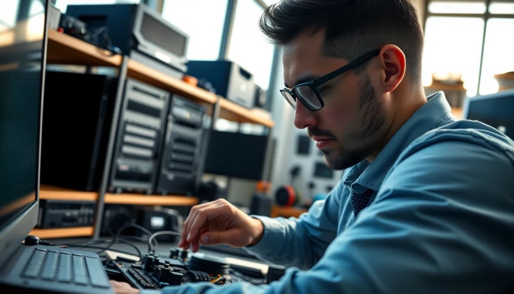 Technician providing expert computer services in a well-lit modern office environment.
