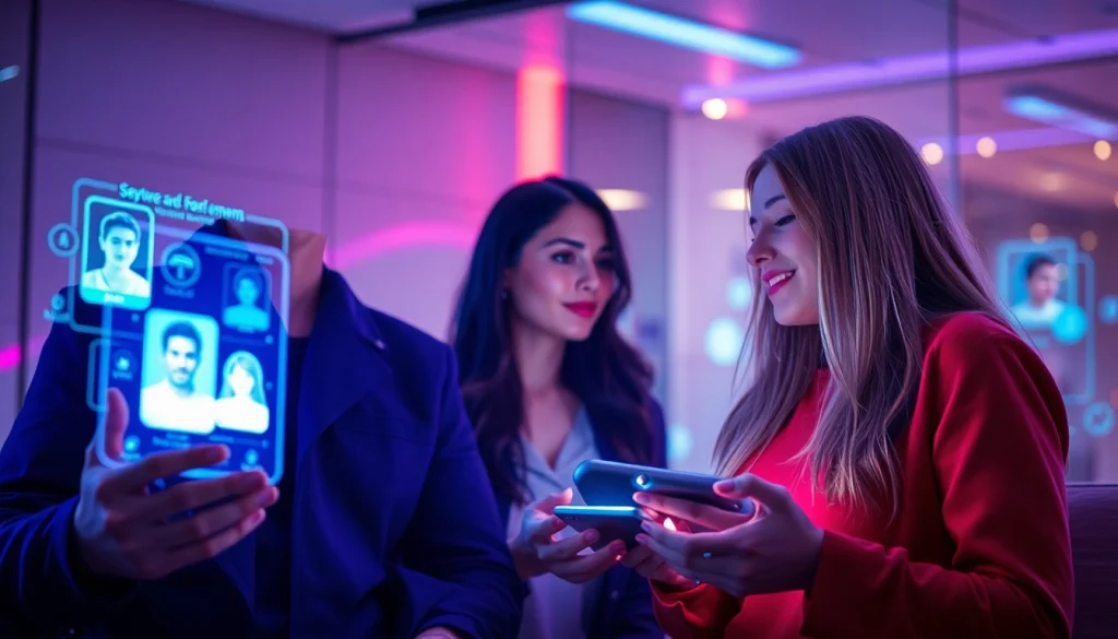 Engaging interaction with AI companions in a modern dating scene, showcasing sex ai technology.