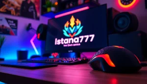 Menampilkan logo Istana777 di layar gaming dengan pencahayaan neon yang mencolok.