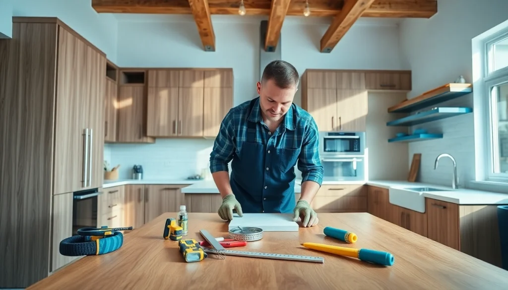 Craftsman engaged in home renovation process in a modern kitchen setting.