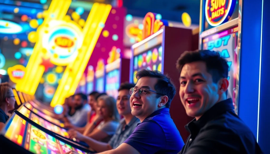 Menggambarkan petani toto yang bermain di mesin slot dengan penuh semangat dan suasana yang ceria.