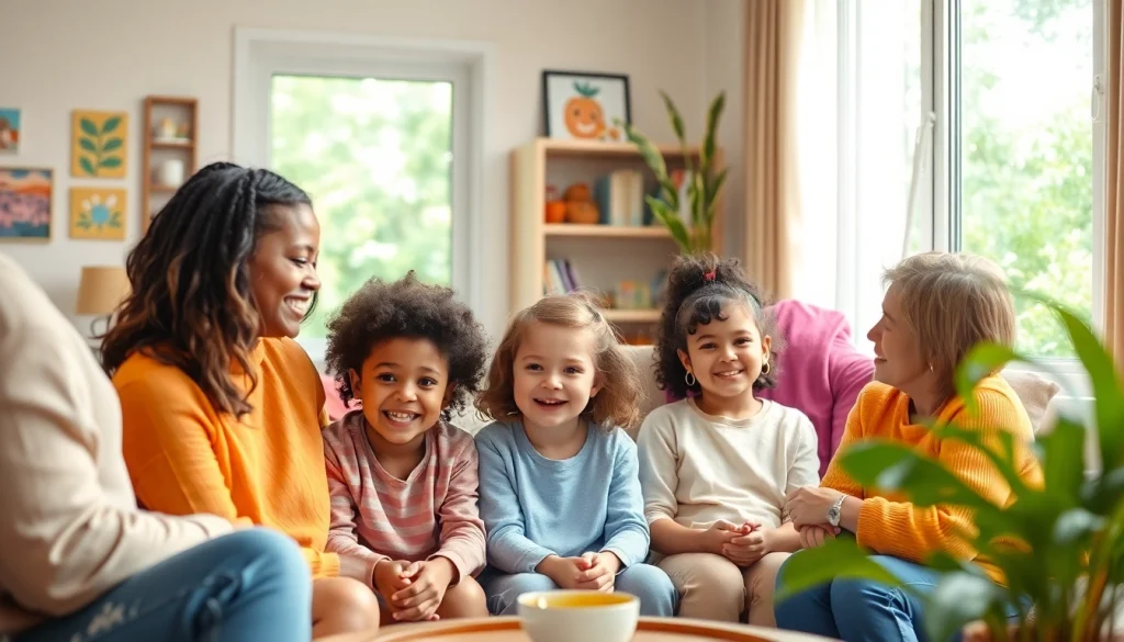 Suunnittele perhekoti-ympäristö, jossa näkyvät https://perhekoti.fi lapsia ja hoitajia vuorovaikutuksessa.