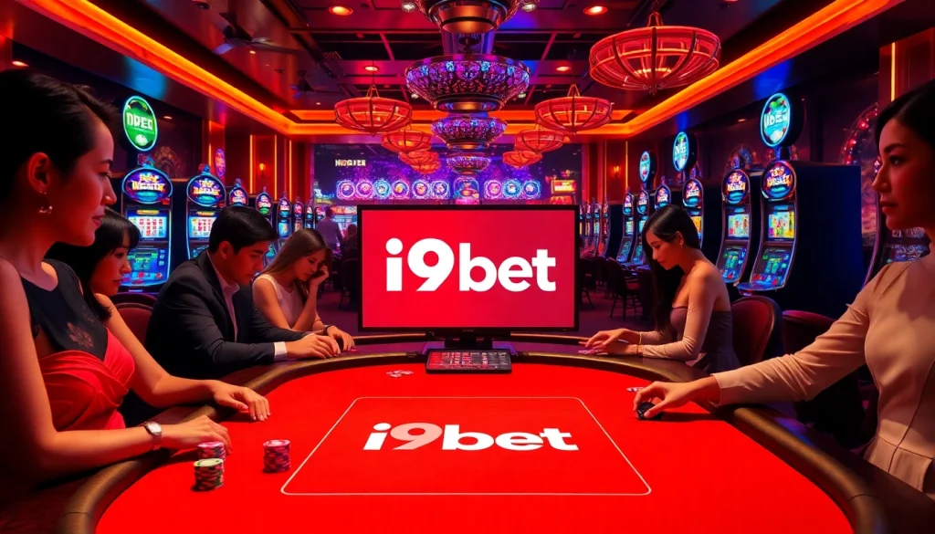 i9bet players engaging at a luxurious poker table with colorful chips and online casino atmosphere.